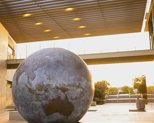 The Great Commission Globe outside of Grimm Hall